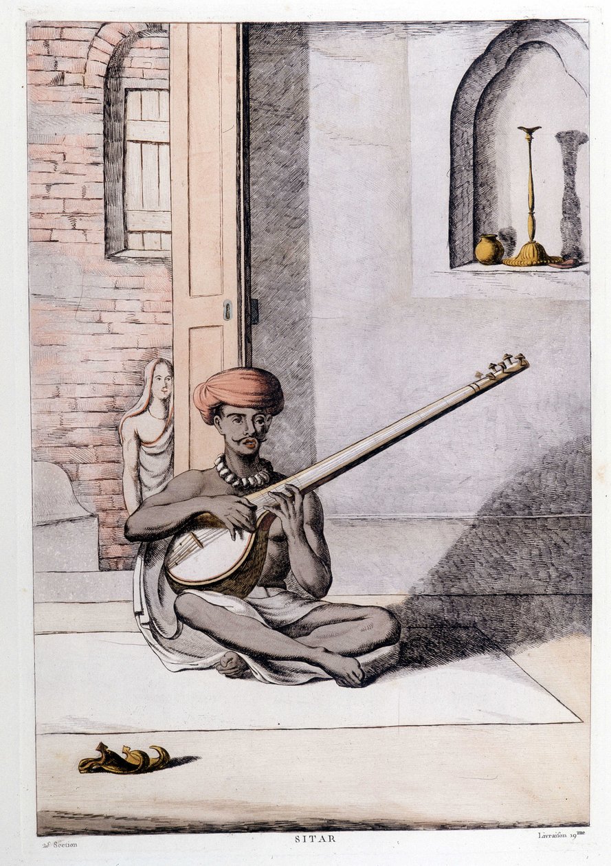 Indisk kultur og sivilisasjon: musiker som spiller sitar, tradisjonelt musikkinstrument, India. Gravering 1808. av Unknown artist