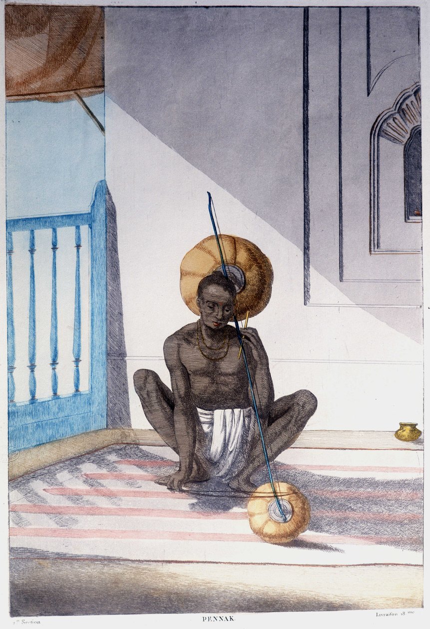Indisk kultur, sivilisasjon og samfunn: musiker med tradisjonelt indisk strengeinstrument. Gravering fra 1808. av Unknown artist