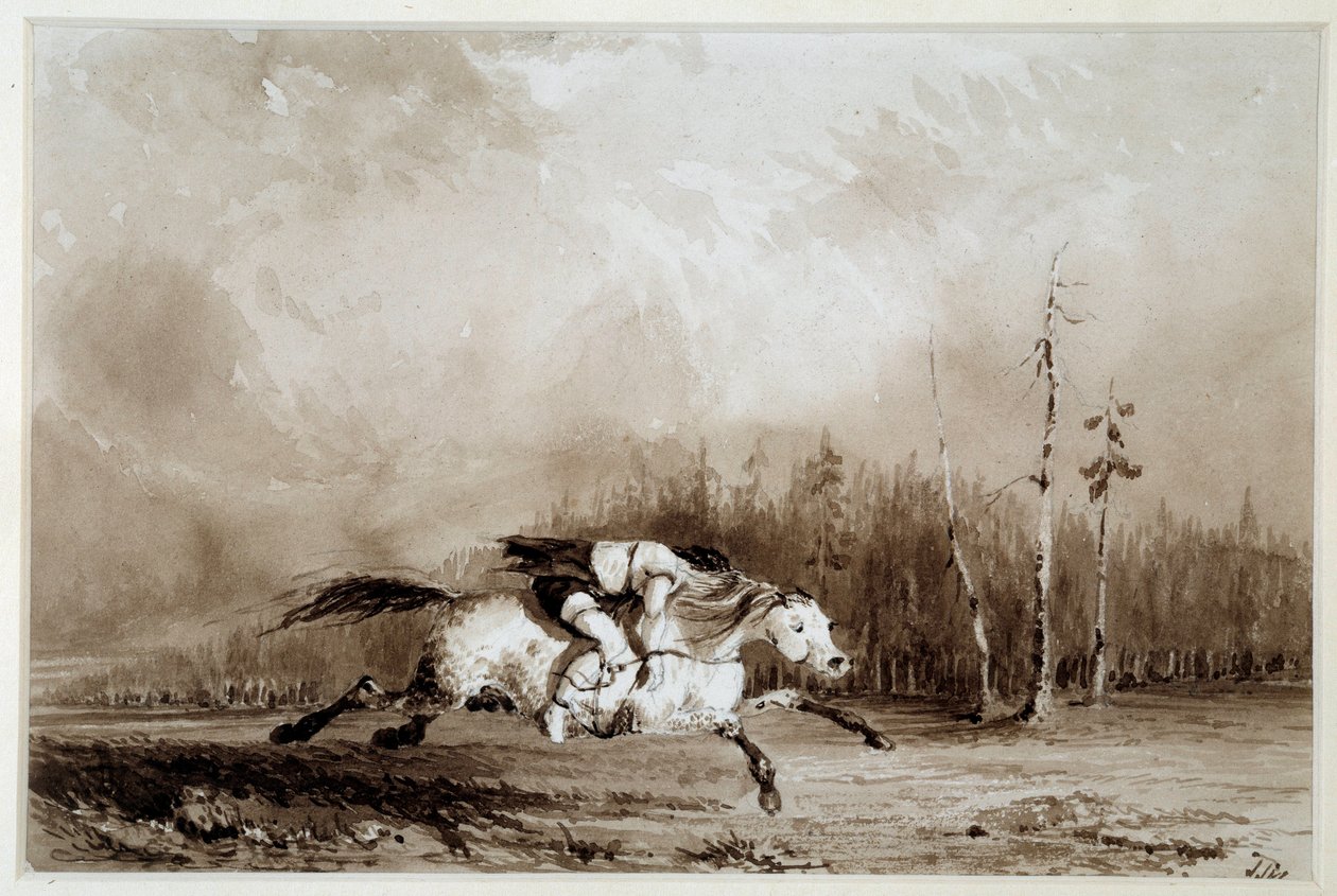 Indian of America: "" En hest i galopp og bærer en mann bundet opp"" Anonym tegning. La Rochelle fra 1800-tallet, Musee du Nouveau Monde av Unknown artist
