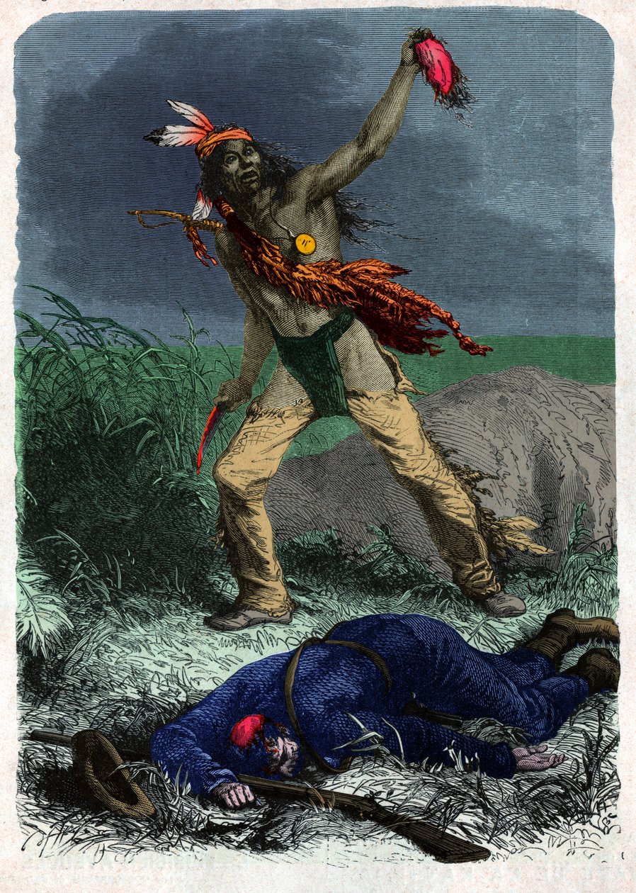 Indisk skalperer en soldat. (illustrasjon, ca 1900) av Unknown artist