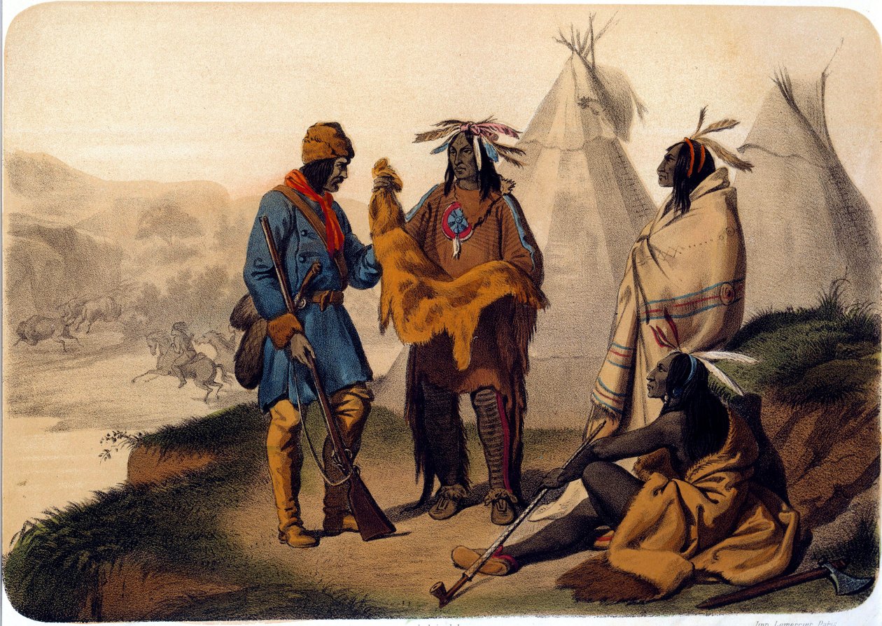 Indians of America: en fangstmann som bytter med røde skinn, de bytter beteskinn, en av indianerne røyker en blekksprut. Litografi fra 1800-tallet La Rochelle, Musee du Nouveau Monde av Unknown artist