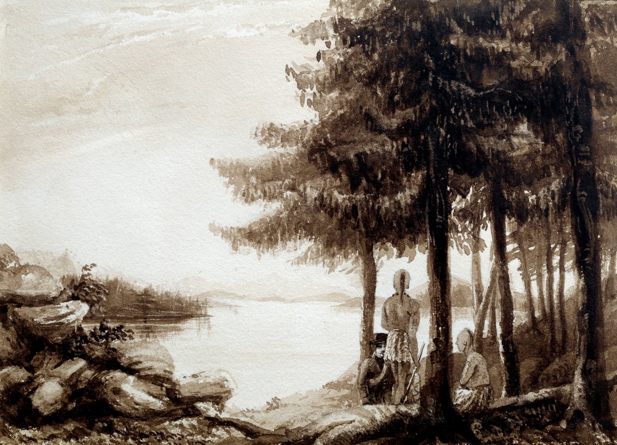 Indianere ved bredden av en innsjø. Litografi fra 1800-tallet. La Rochelle, Musee Du Nouveau Monde av Unknown artist