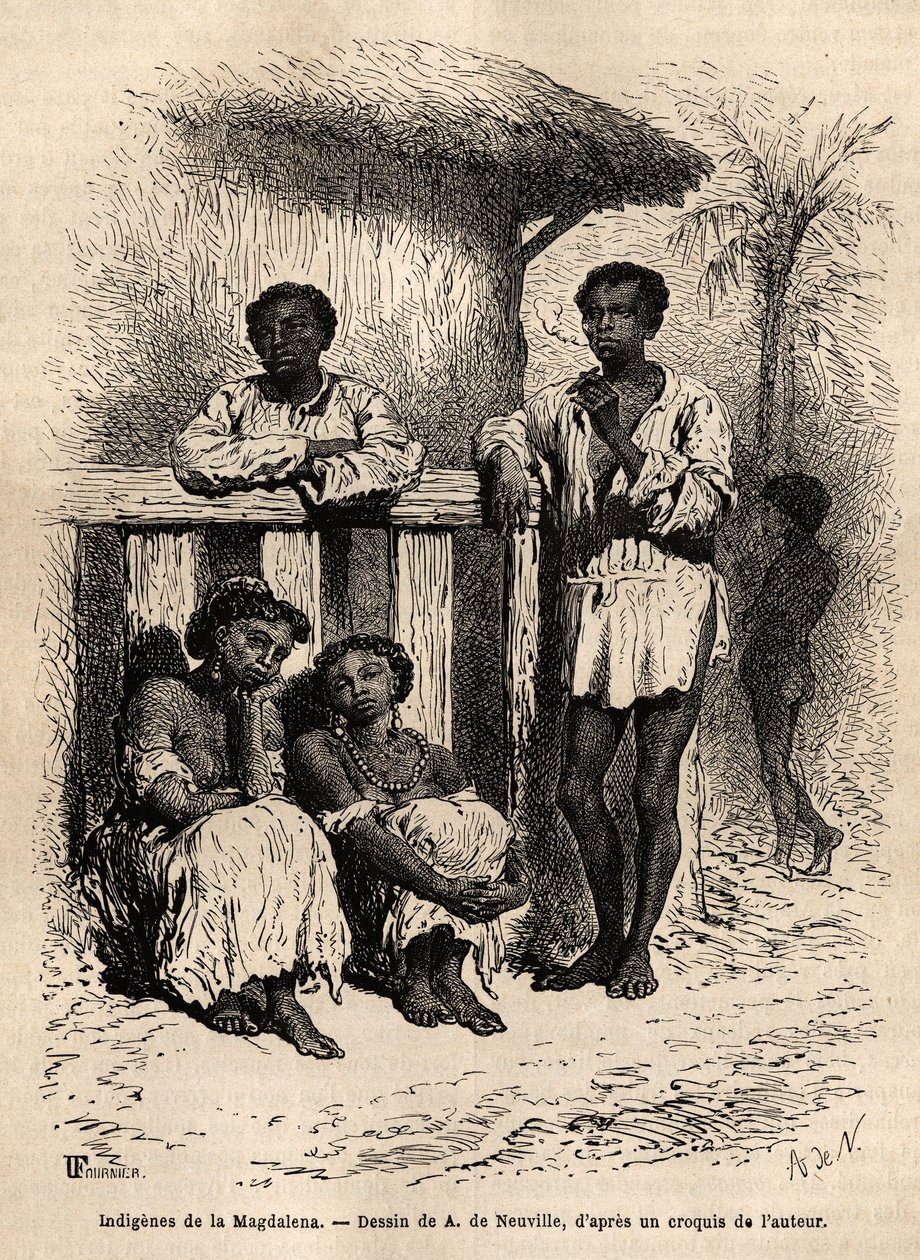 Urbefolkningen i Magdalena (elver), i gatene i byen Mompox (Colombia). Gravering for å illustrere reisen til New Granada, av Dr. Saffray, i 1869, publisert i "" Le tour du monde""" 1872, redigert av Edouard Charton, utgave Hachette, av Unknown artist