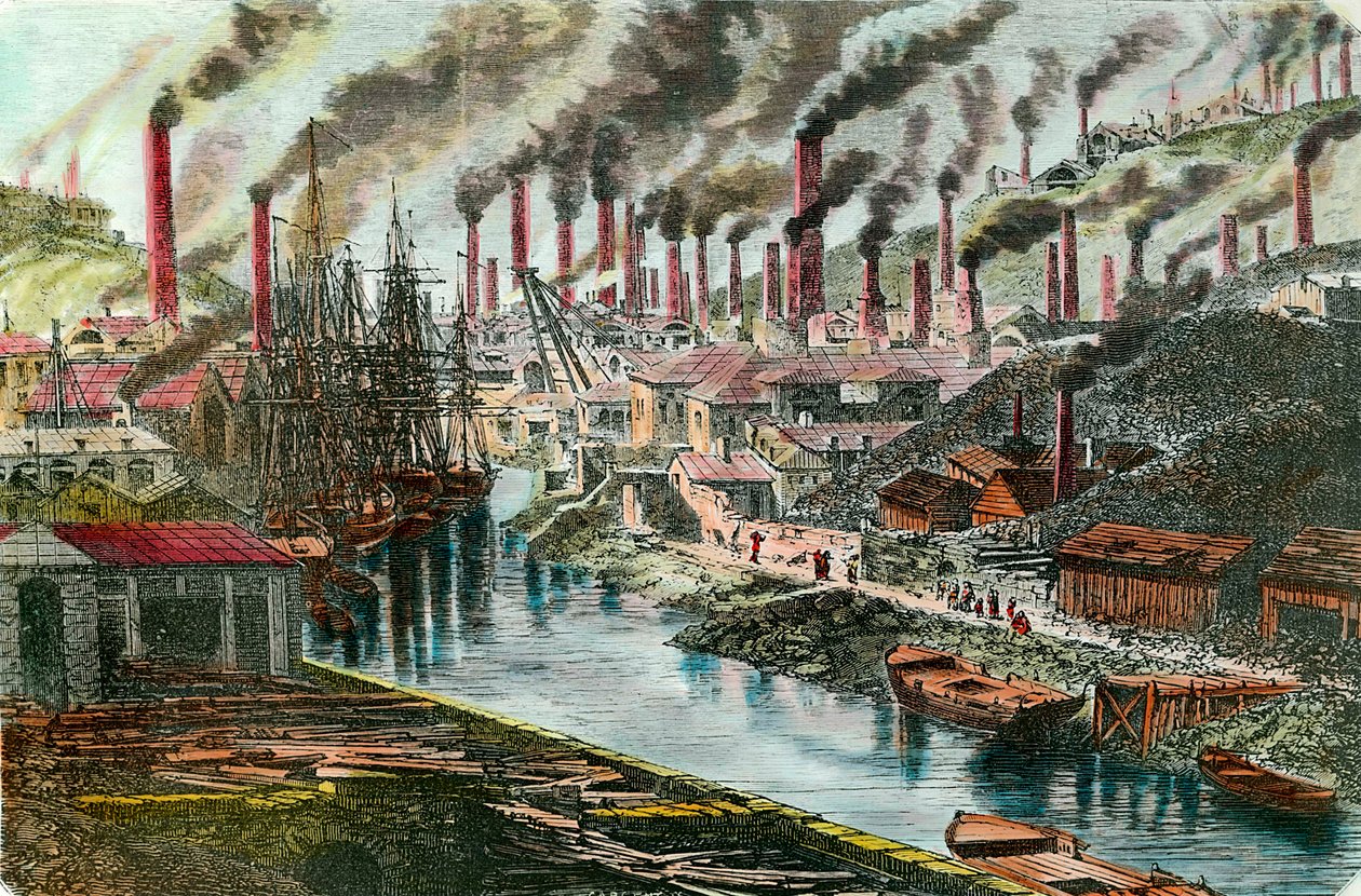Industriell revolusjon: Oversikt over Mr Vivians kobberfabrikk i Swansea, Wales. Gravering fra 1800-tallet. Privat samling. av Unknown artist