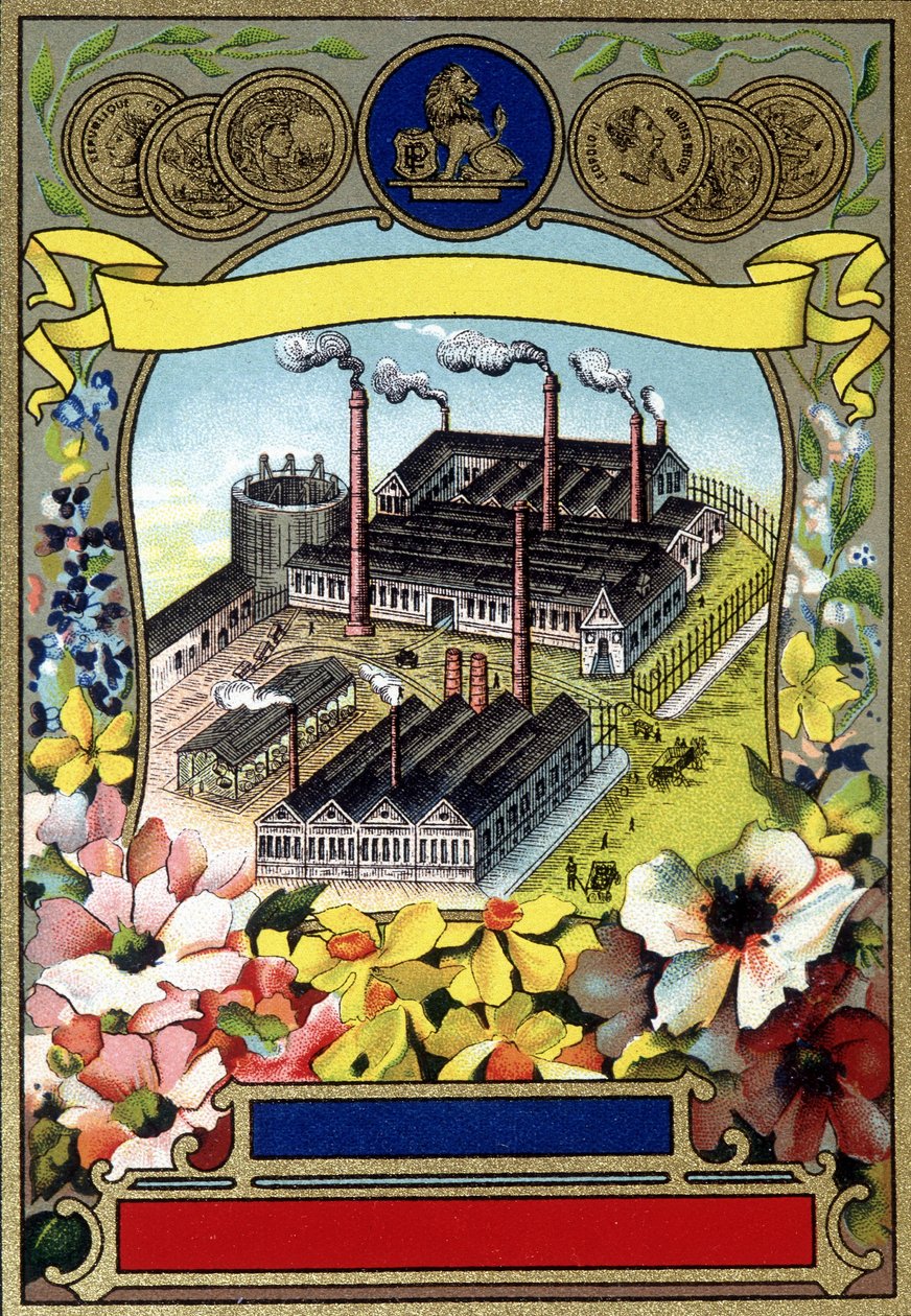 Industrialisering: Luftfoto av en fabrikk. Kromolitografi fra slutten av 1800-tallet. av Unknown artist