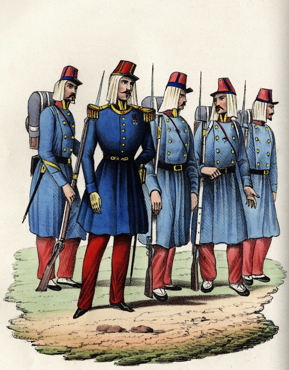 Infantry of the French army of Africa; officer, non-commissioned officer and soldiers in Algeria in 1830. In “” Storia d