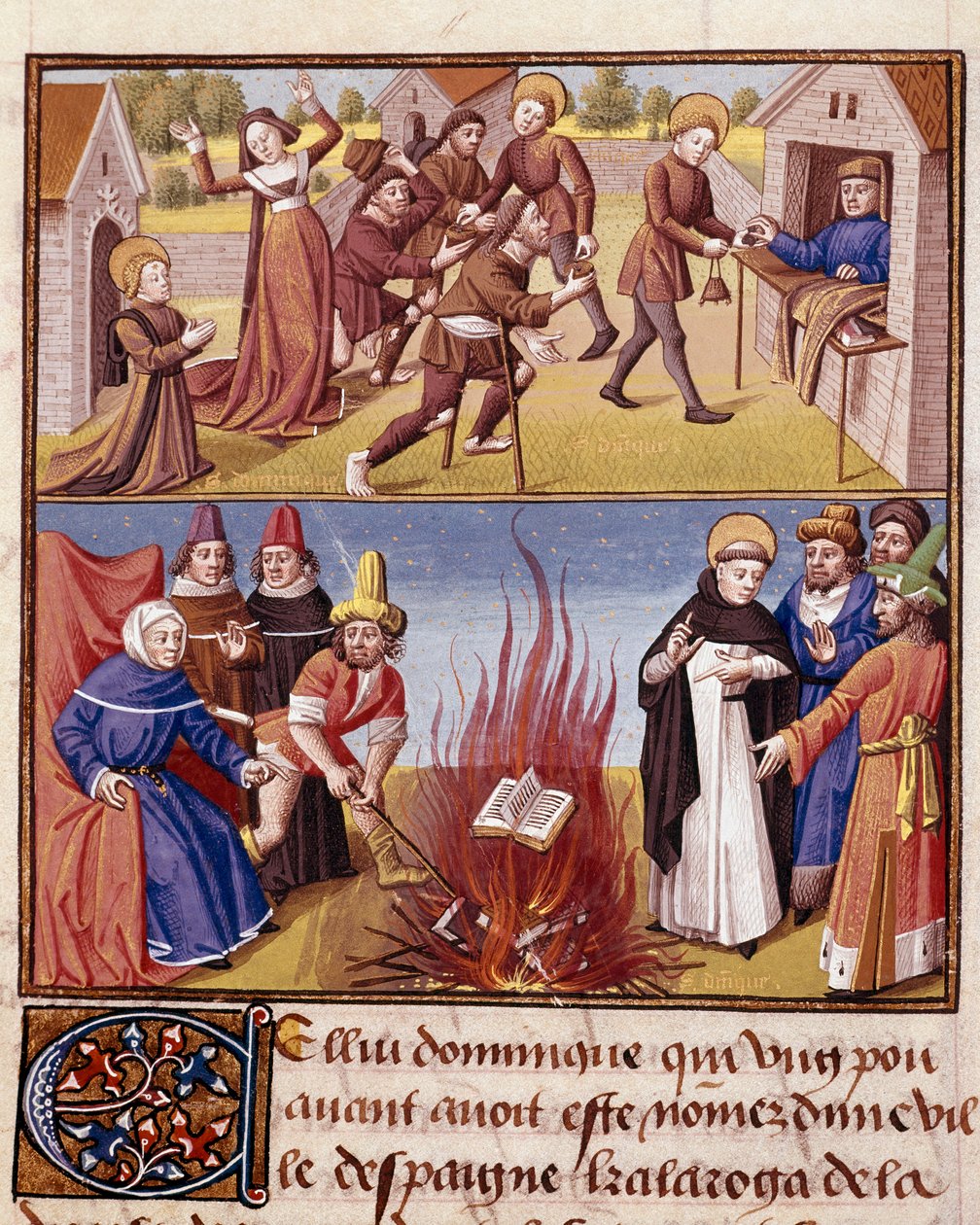 Inkvisisjonen "" Autodafe presiderer av Saint Dominique de Guzman (1170-1221), grunnleggeren av den dominikanske orden, bevis for ilden fra den kjetterske boken og den ortodokse boken"" Miniatyr i "" Le miroir historial"" (Speculum Historiale) ( ms. 1196,  av Unknown artist