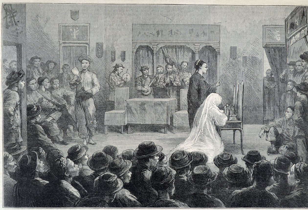 Inne i et kinesisk teater i California, mot slutten av 1800-tallet. av Unknown artist