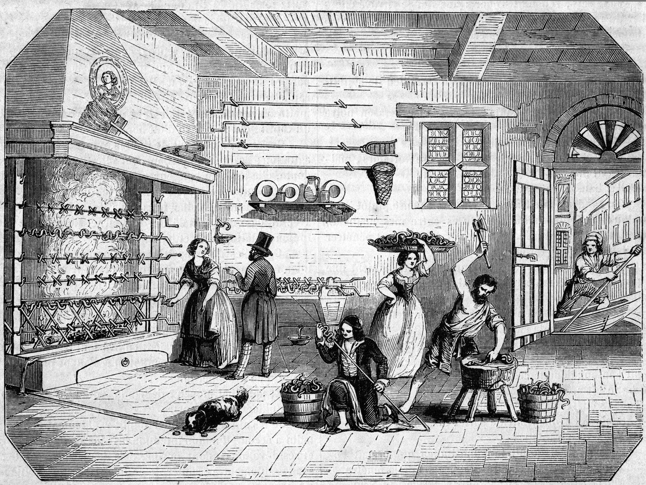 Inne i en marin ålfabrikk i Comacchio, Italia. av Unknown artist