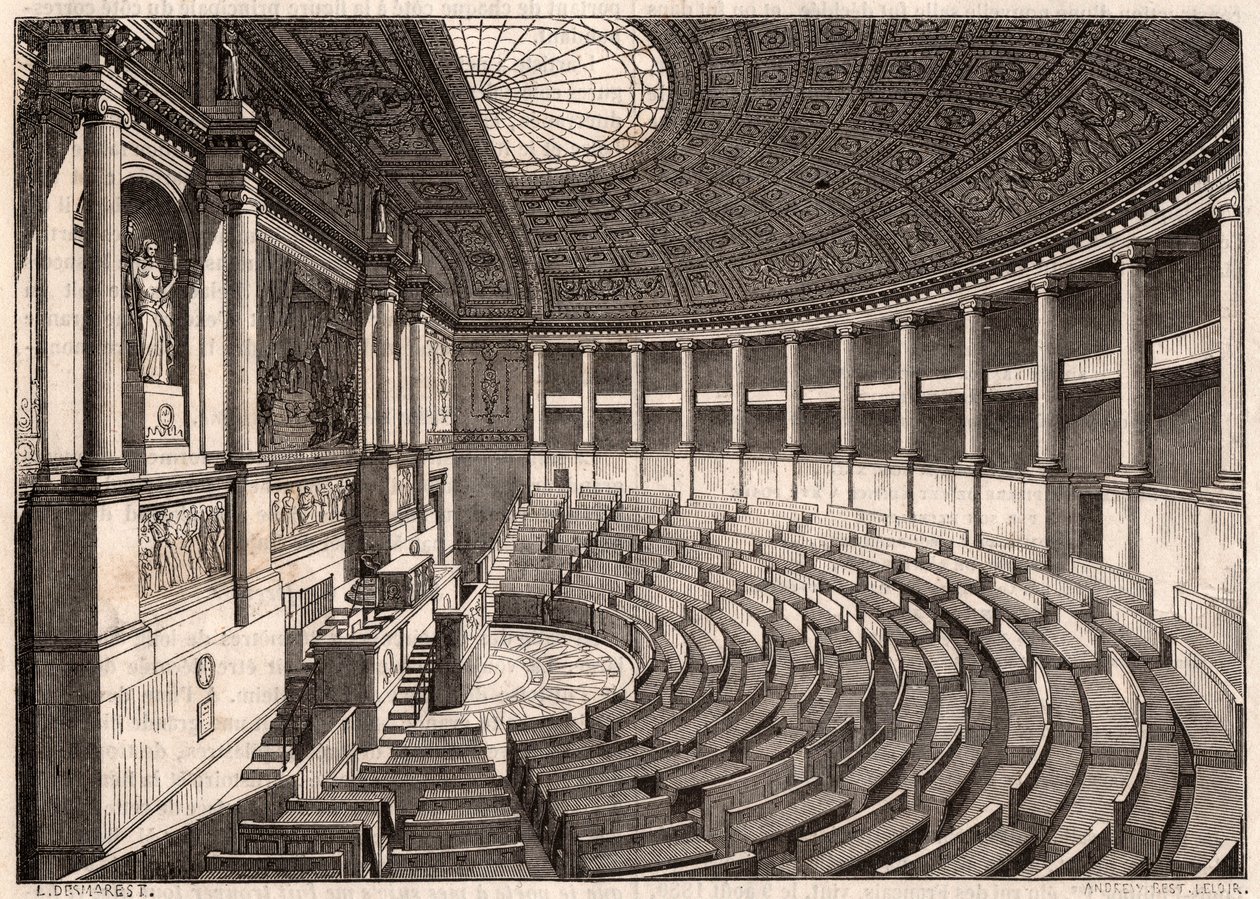 Innsiden av Deputertkammeret (nasjonalforsamlingen), tidligere kalt Palais Bourbon, Paris, Frankrike av Unknown