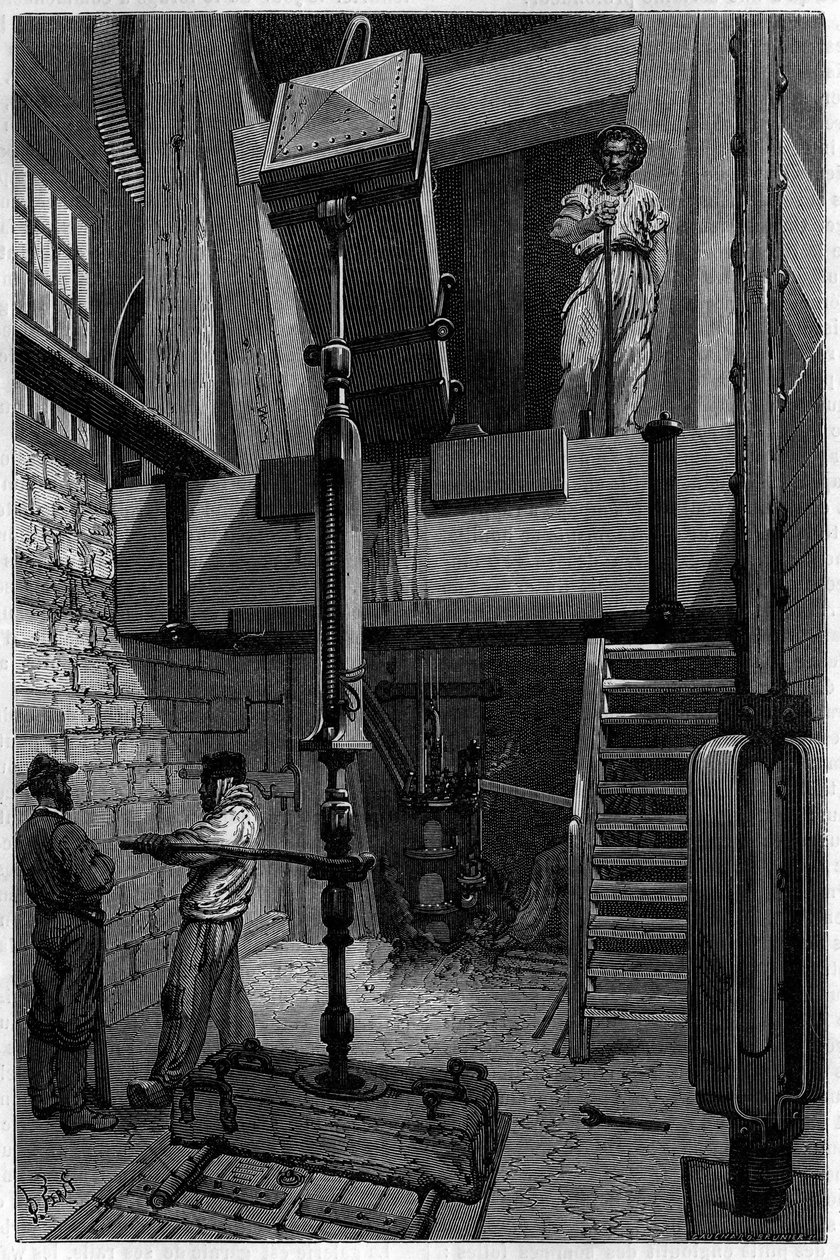 Installasjon av en bor for å oppdage en kullforekomst. Gravering i «Le journal de la jeunesse»» av Unknown artist