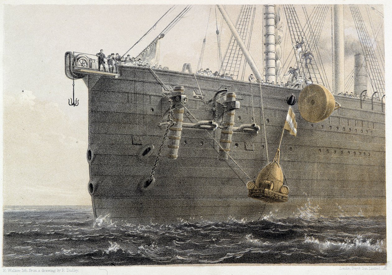 Installasjon av sjøkabel i 1858 (landemerkebøye) - i W. H. Russels "The Atlantic telegraph", ca 1860 av Unknown artist