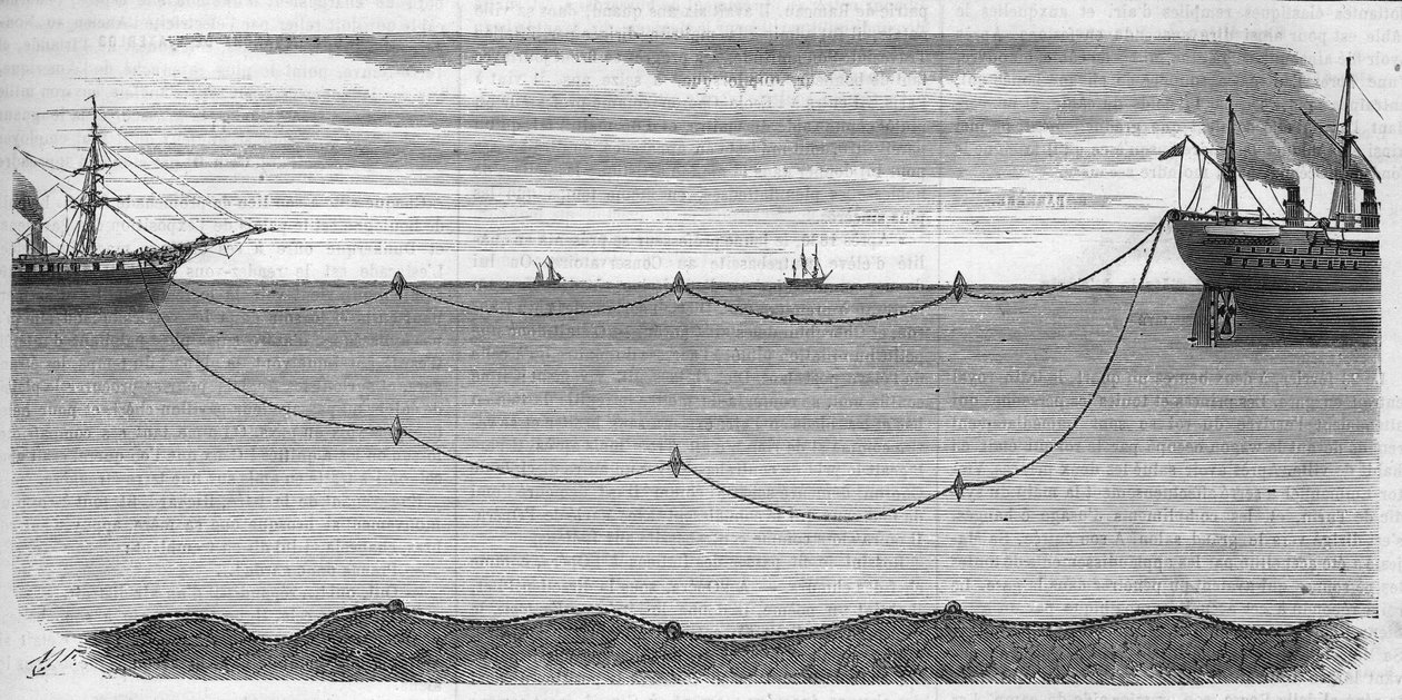 Installasjon av den trasatlantiske elektriske kabelen beregnet på å koble Europa til Amerika i 1865. Bøyesystem som ble brukt for å forhindre at den elektriske kabelen ryker under installasjonen. Fartøyet som hadde ansvaret for operasjonen var Great Easter av Unknown artist