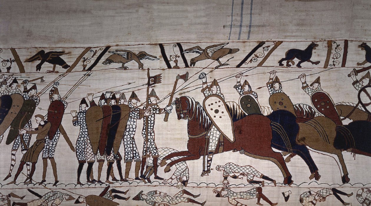 Intendant Wadard (til hest) og Guillaumes troppmenn - Bayeux-teppe, kjent som Broderi av Dronning Mathilde av Unknown artist