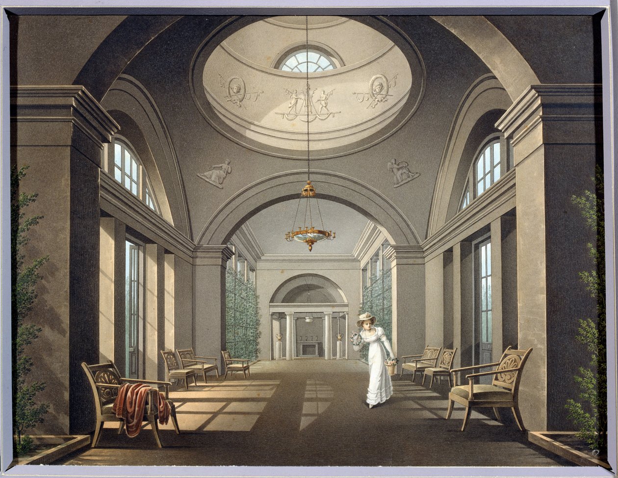 Interiør av volieren i Pavlovsk-palasset. Anonymt maleri. Akvarell og blekk, midten av 1800-tallet. Klassisisme. Statens friluftsmuseum Pavlovsk-palasset, St. Petersburg. av Unknown artist