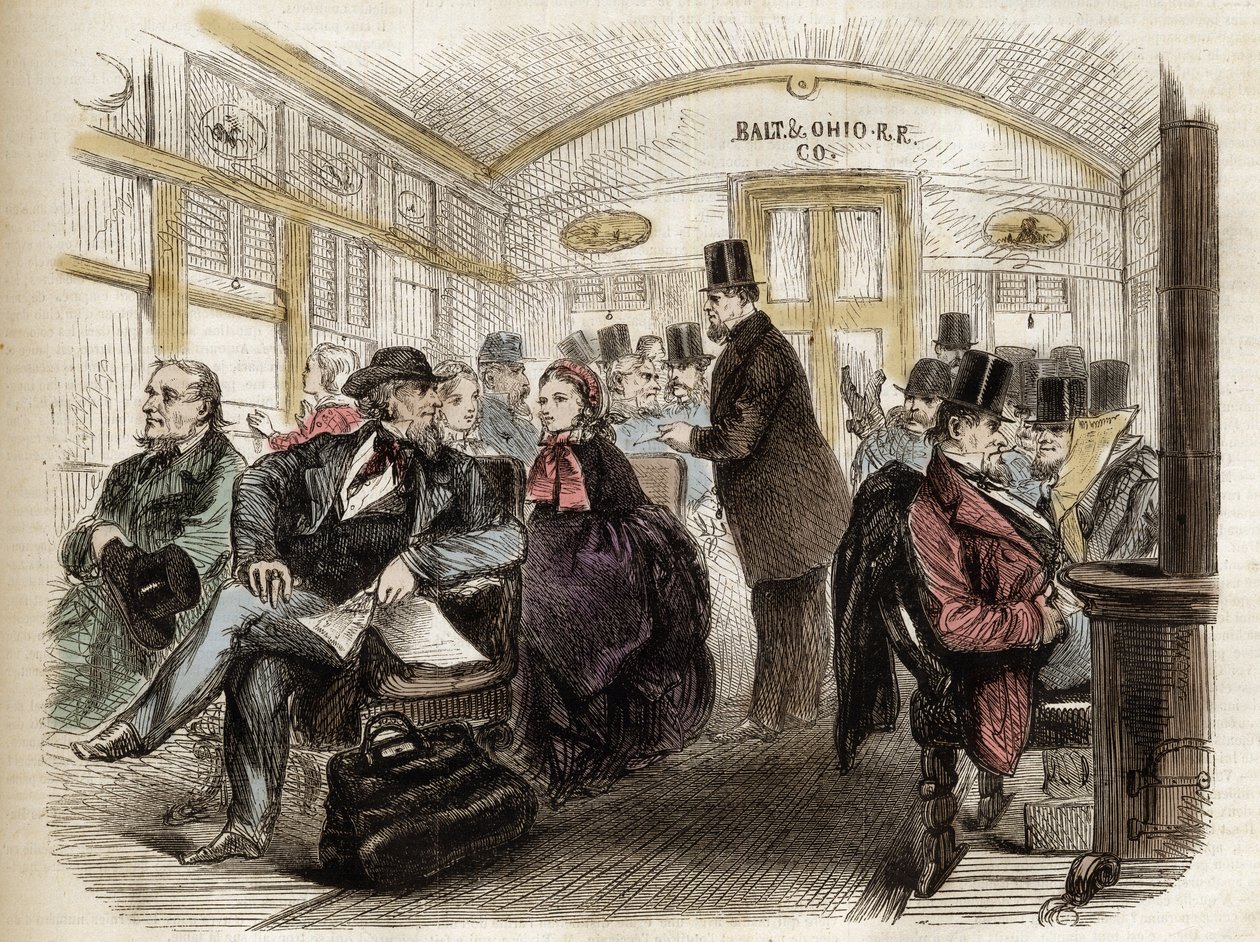 Interiør av en vogn på Baltimore & Ohio Railroad, USA - 1861 - interiør av en amerikansk vogn i 1860 av Unknown artist