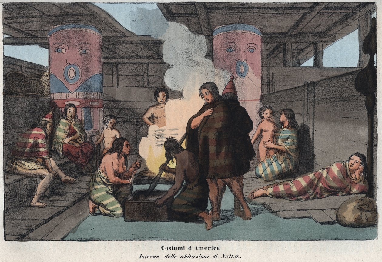 Interior of a large communal house in Nootka Sound, with villagers smoking and drying fish, sleeping and caring for children - (Nootka Island) - “” Interieur d