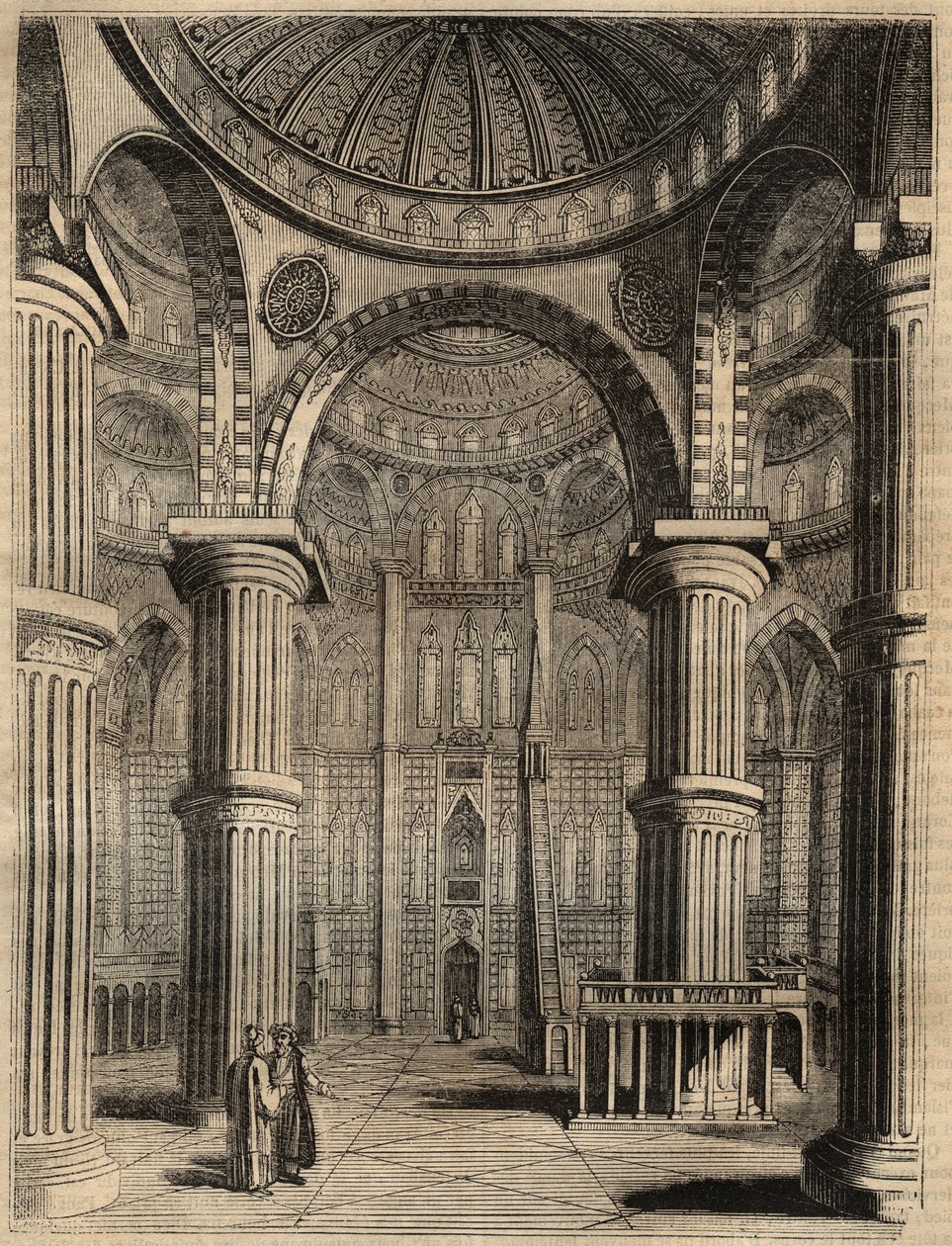 Interiør av den blå moskeen, Istanbul, Tyrkia - 1838 - gravering - av Unknown artist