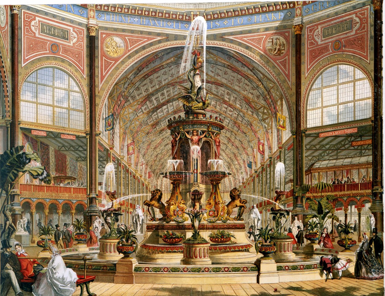 Interiør i Crystal Palace under den internasjonale utstillingen i 1862. Majolica-fontene av Minton. Kromolitografi. av Unknown artist