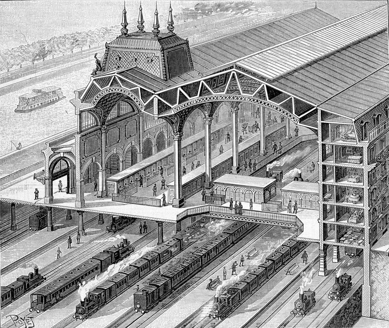 Interiøroversikt over den nye stasjonen i Orléans på Quai d'Orsay en coupe - i "" La Nature"" av Unknown artist
