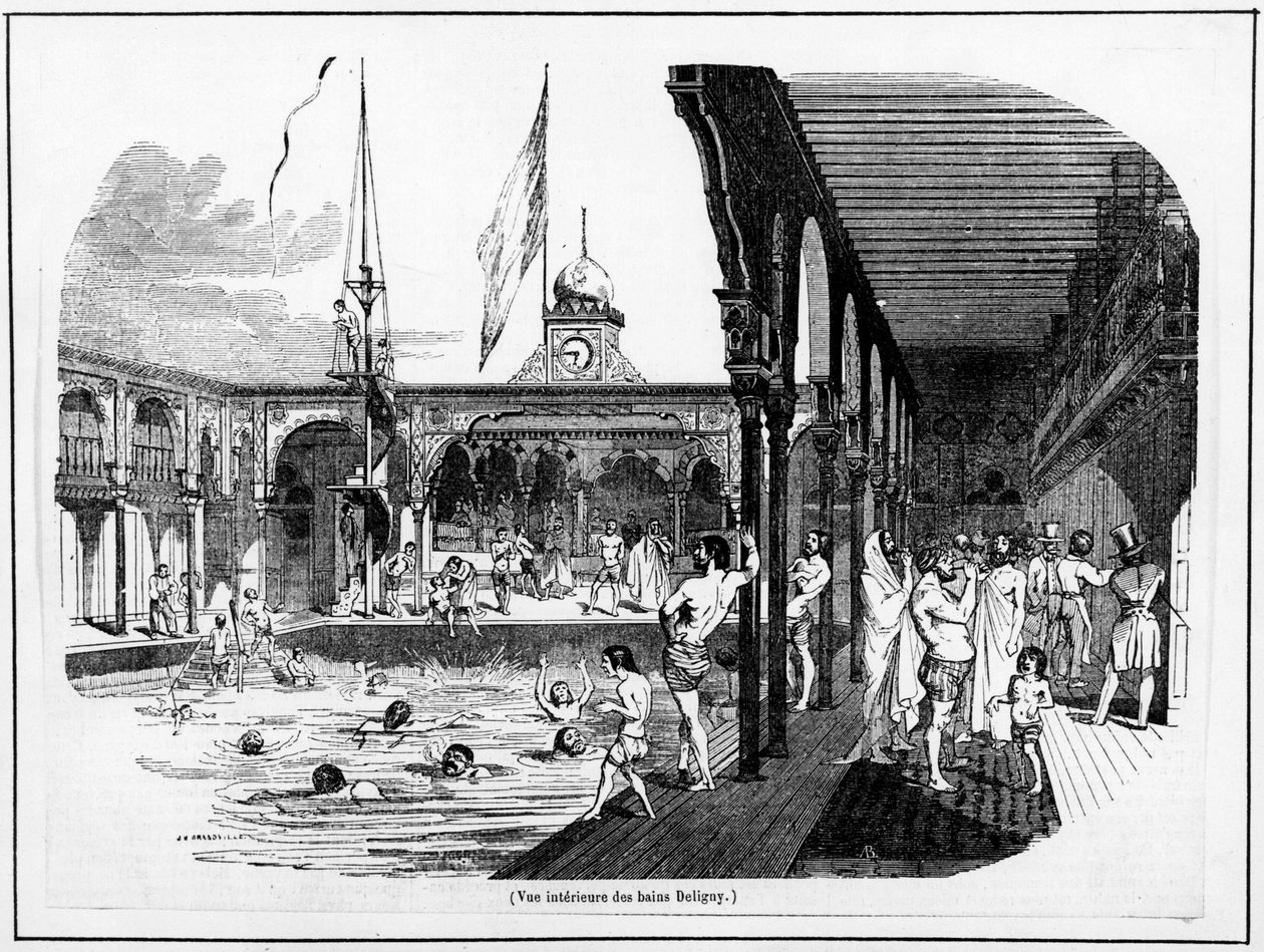 Innvendig utsikt over Deligny Baths - Carnavalet, sd av Unknown artist