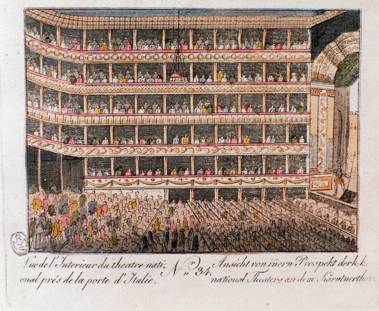 Innvendig utsikt over nasjonalteatret nær den italienske porten i Wien, Østerrike. (Interiørbilde av Nationaltheatret, Wien, Østerrike) Graveringen av privatsamlingen fra 1815 av Unknown artist