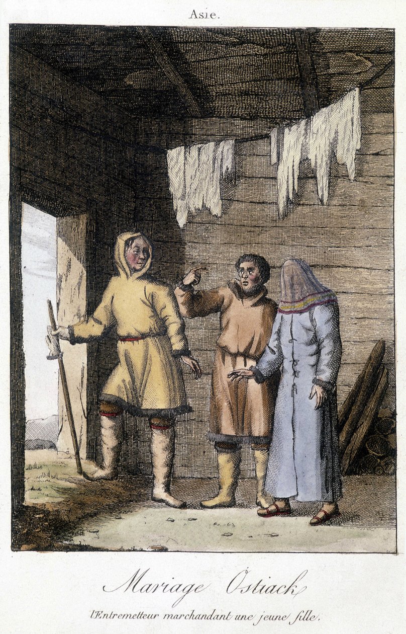 Mellommann prute en ung jente til et bryllup Ostiak (Khanty eller Khante) (paleosibirsk jegerstamme etablert i skogsområdet i den midtre Ob-dalen). av Unknown artist
