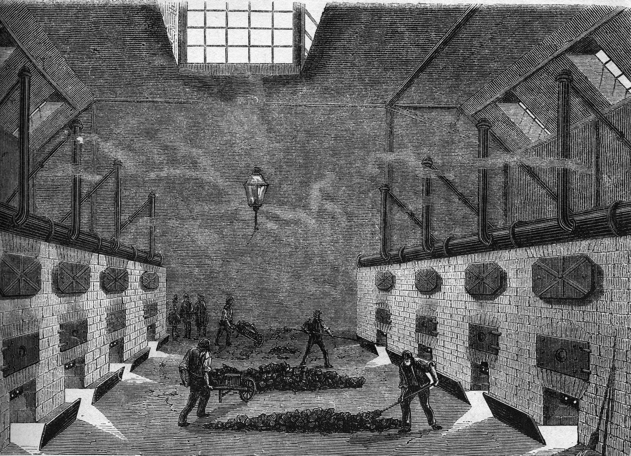 Innvendig visning av en gassfabrikk. Gravering fra 1860-1861. av Unknown artist