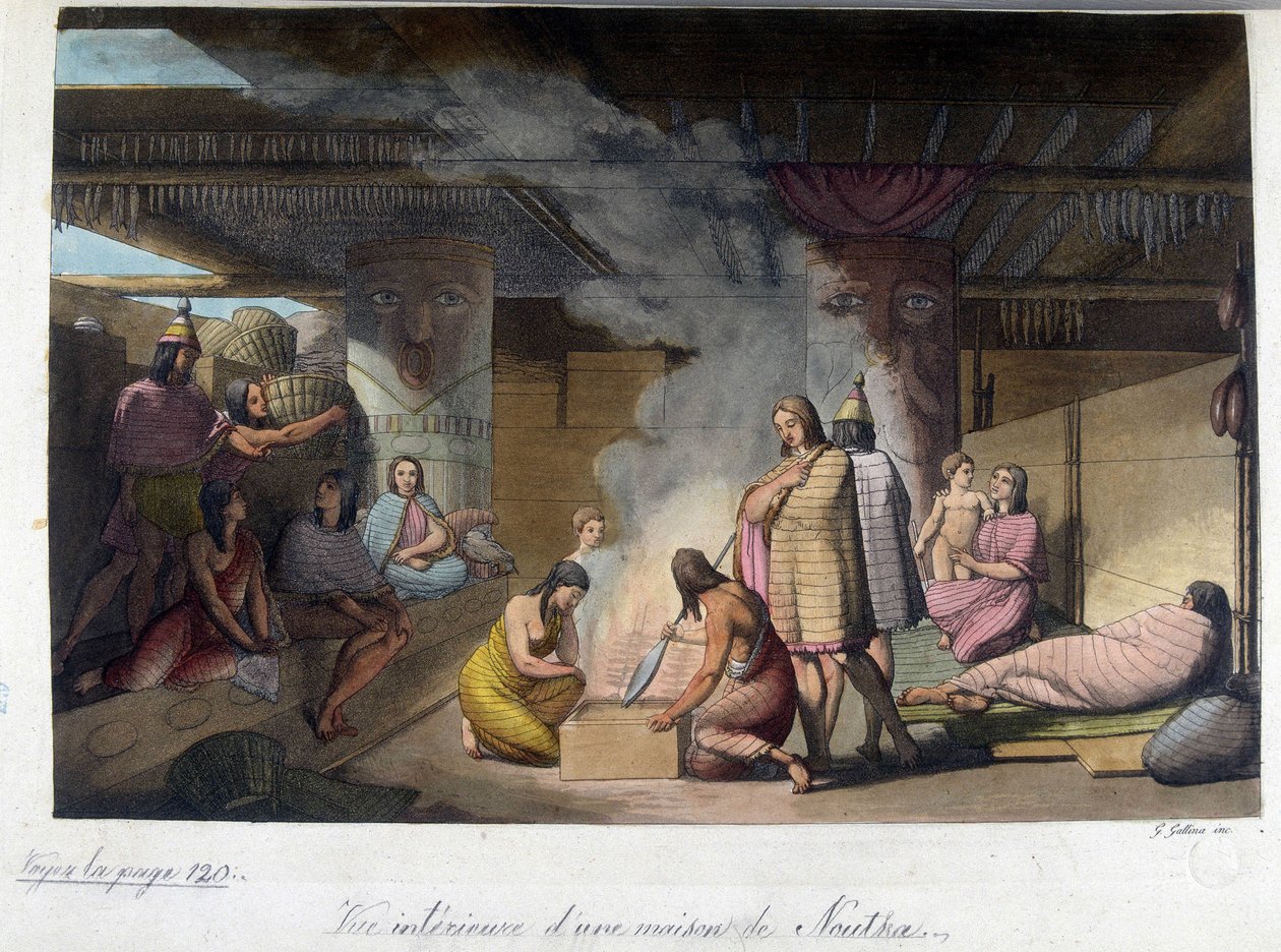 Innvendig visning av et hus i Nutka, Russland. I "" Den gamle og moderne drakten"" 1819-1820, av Ferrario. av Unknown artist
