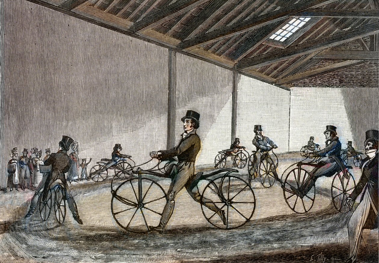 Innvendig visning av manesjen for hobbyhest. Man kjører sykler (pedalfrie sykler oppfunnet av baron Karl Drais av Unknown artist