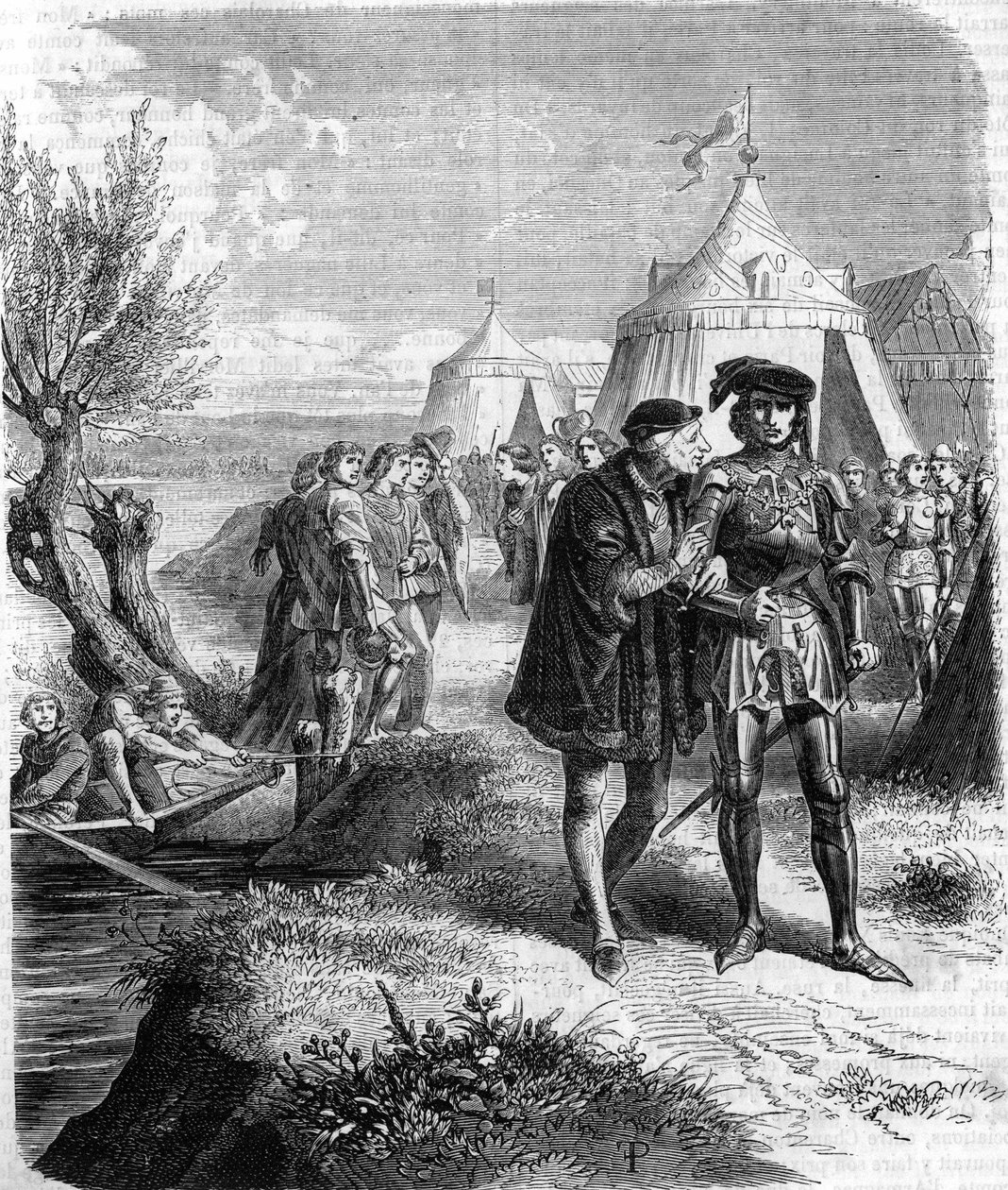 Interview between King Louis XI and the Count of Charolais (Charles the Temeraire, Duke of Burgundy (1433-1477) in September 1465. Engraving of the 19th century. av Unknown artist