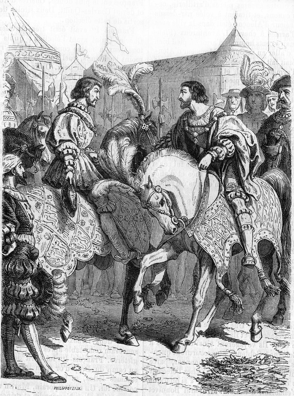 Interview of Francois 1st and Henry VIII. Engraving of the 19th century. av Unknown artist