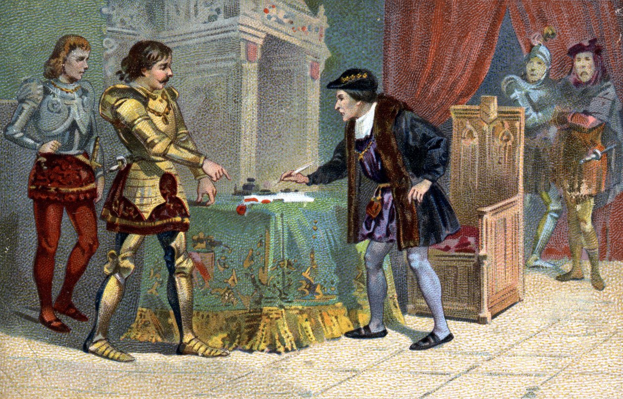 Interview of Louis XI (1423-1483), King of France and Charles the Bold, Duke of Burgundy, to Peronne in October 1468.Liebig chromolithography of the 19th century av Unknown artist