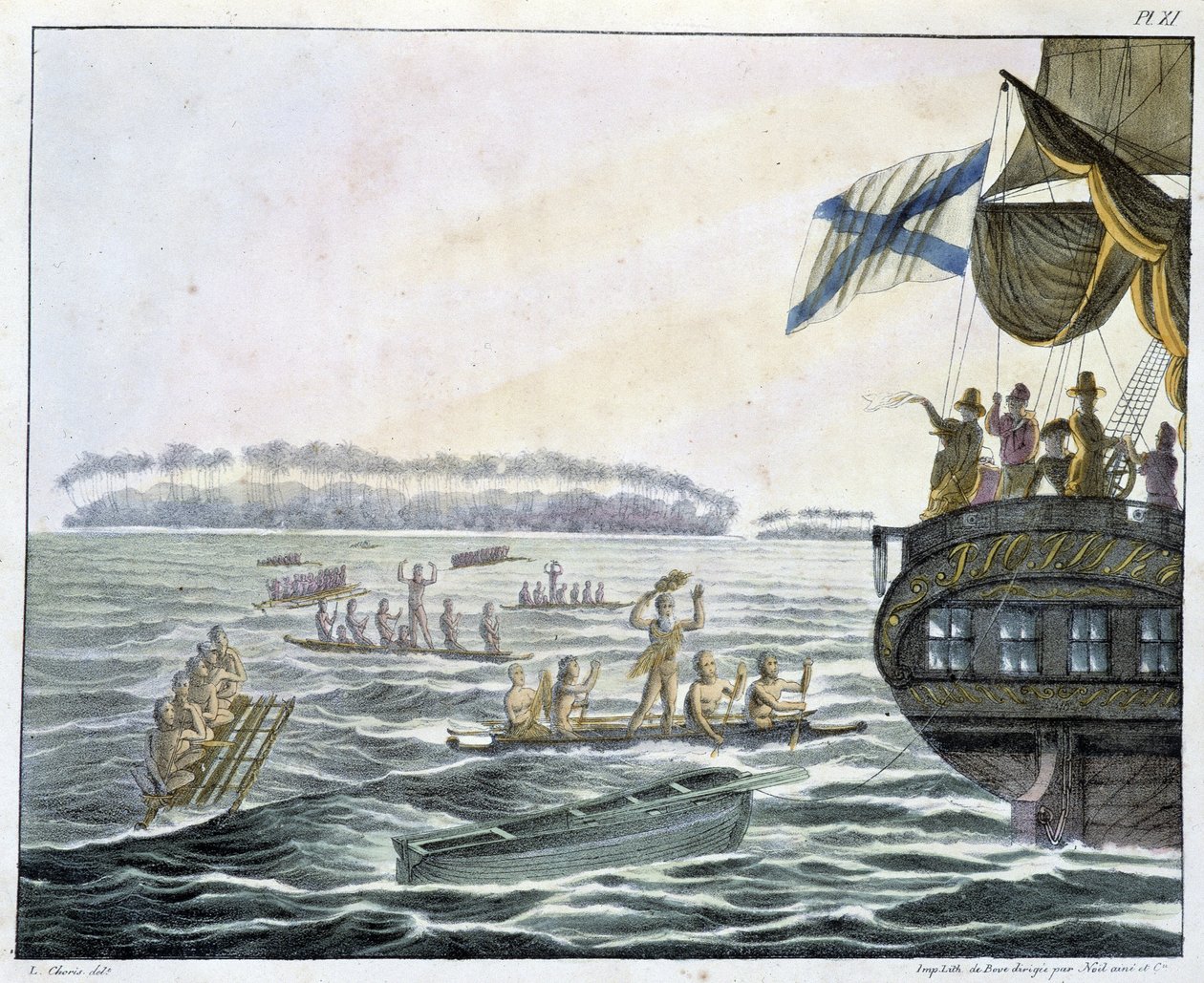 Intervju med innbyggerne på Penrhyn-øyene i "" Views and Landscapes of the Equinox Regions, Collected in a travel around the world"", sd. tidlig på 1800-tallet av Unknown artist