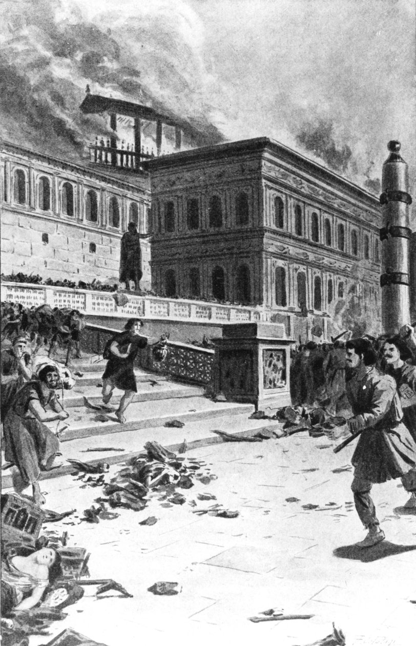 Invasjon og plyndring av Roma av Alaric I, kongen av vestgotene, i 410 (Sac of Rome). Gravering 1800-tallet. av Unknown artist