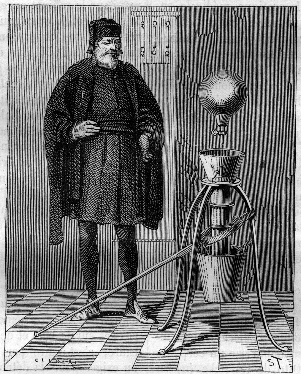 Invention: Pneumatic machine by Otto de Guericke (Otto de Guericke) (1602-1686), German inventor. Engraving in “” La Nature”” av Unknown artist