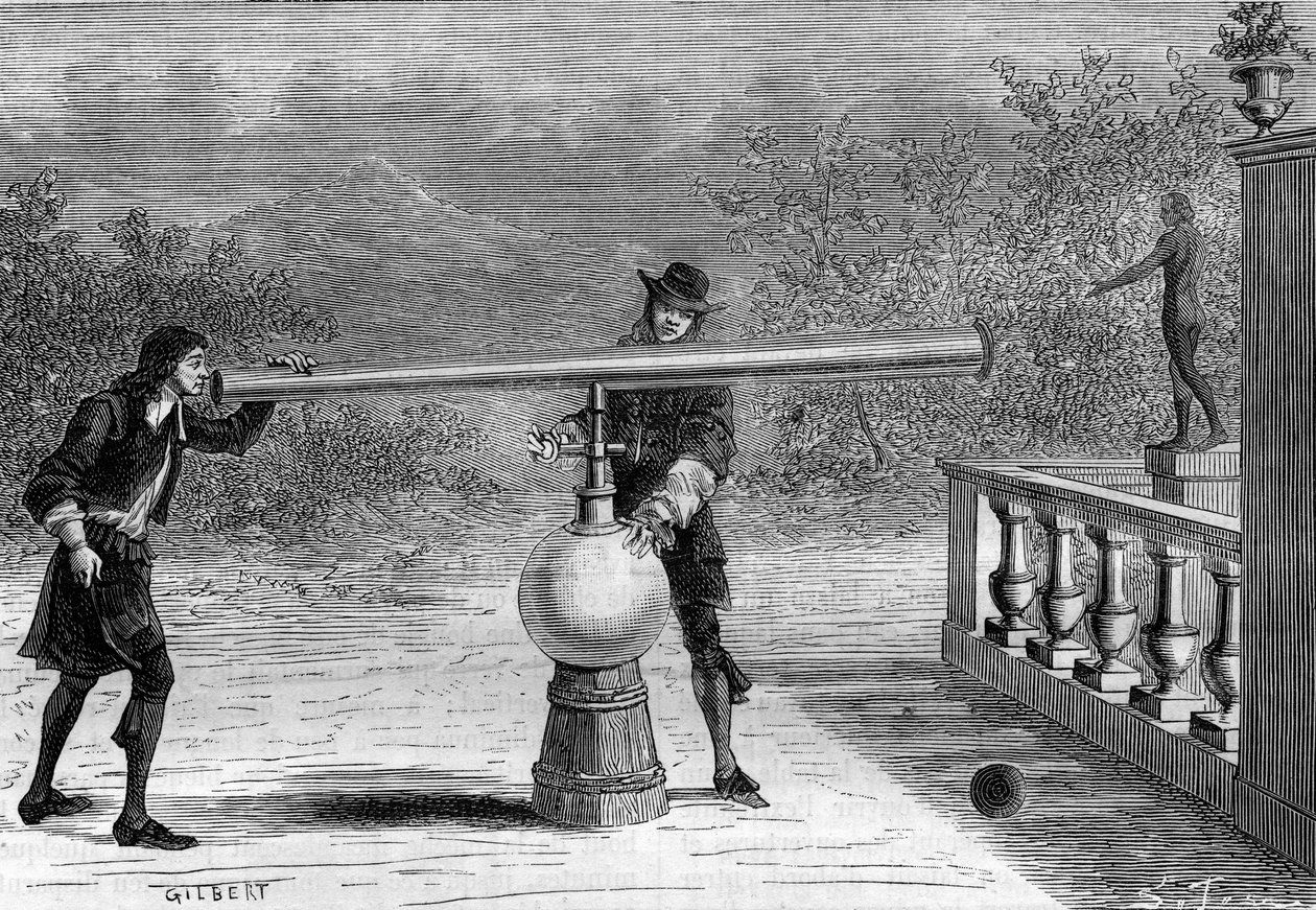 Oppfinnelse: Sarbacan eller pneumatisk pistol av Otto von Guericke (Otto de Guericke) (1602-1686), tysk oppfinner. Gravering i "La Nature" av Unknown artist