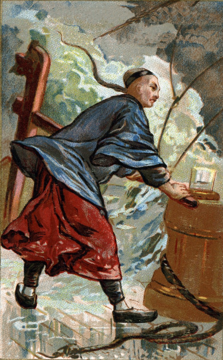 Invention of the Chinese compa: Chinese navigator using the compa on his boat. The first use of the compas as a navigational instrument on Chinese ships dates from the end of the 10th century. Chromolithography of the 19th century. av Unknown artist