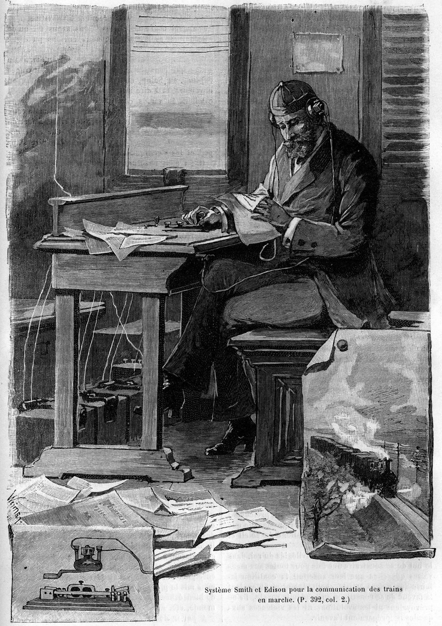 Oppfinnelsen av Smith og Edison-systemet for kommunikasjon av kjørende tog. Gravering i journalen til "" La jeunesse"" av Unknown artist