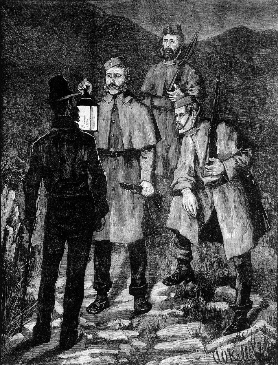 Irsk politipatrulje kontrollerer en mistenkt (1881). av Unknown artist