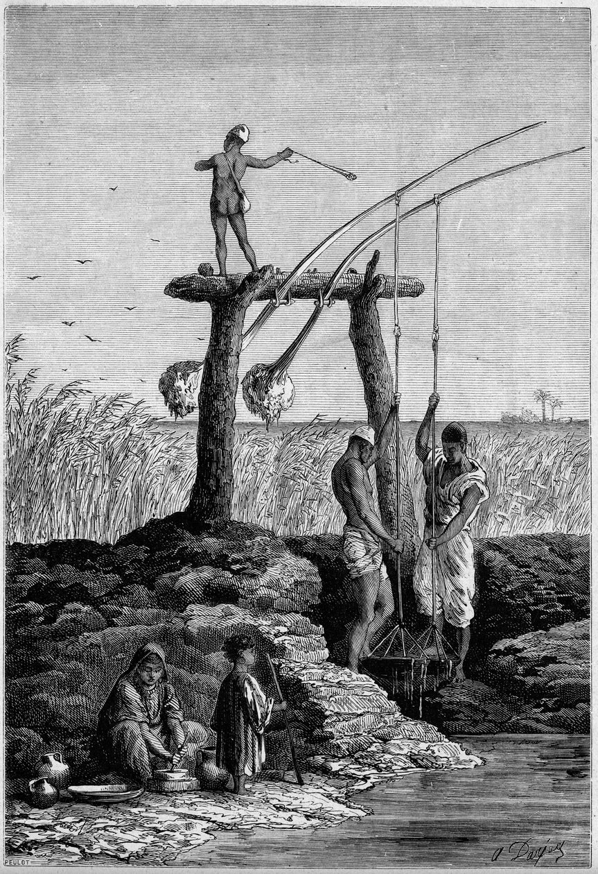 Vanning i Egypt: chadoufs (eller shadoufs) på bredden av Nilen. Gravering i "" Le Monde Illustré"" nr. 1313 av 27. mai 1882. av Unknown artist