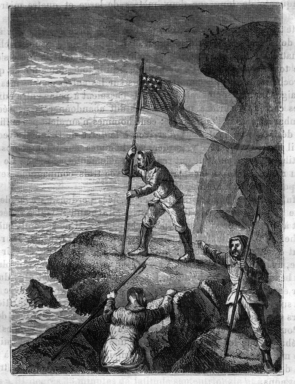 Isaac Israel Hayes (1832-1881), amerikansk arktisk oppdagelsesreisende, plantet det nasjonale flagget til USA på kysten av Polhavet under sin ekspedisjon for å finne det antatte åpne polarhavet - Isaac Israel Hayes (1832-1881) som bærer det amerikanske fla av Unknown artist