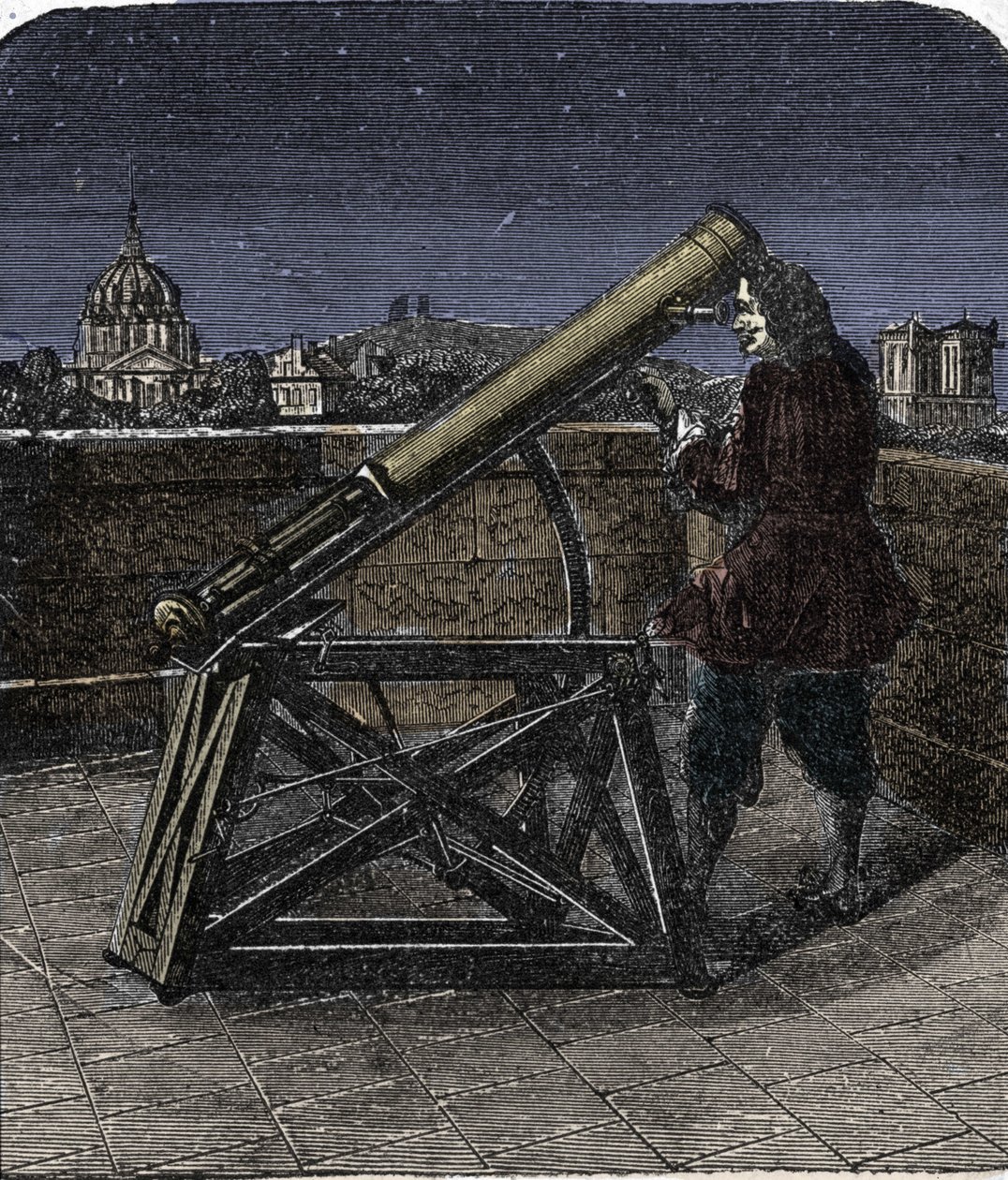 Isaac Newton (1642-1727) engelsk fysiker som bruker teleskopet sitt. av Unknown artist