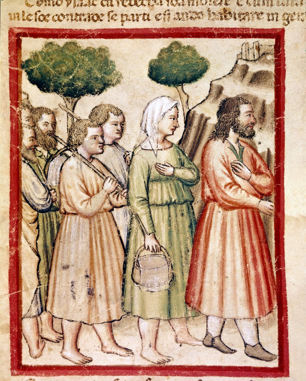 Isak og hans familie lider av hungersnød og emigrerer til landene til kong Abimelech Miniature fra codex 212 (eller padovano codice eller Bible of Padua) 1390-1400 Rovigo, Accademia dei Concordi av Unknown artist