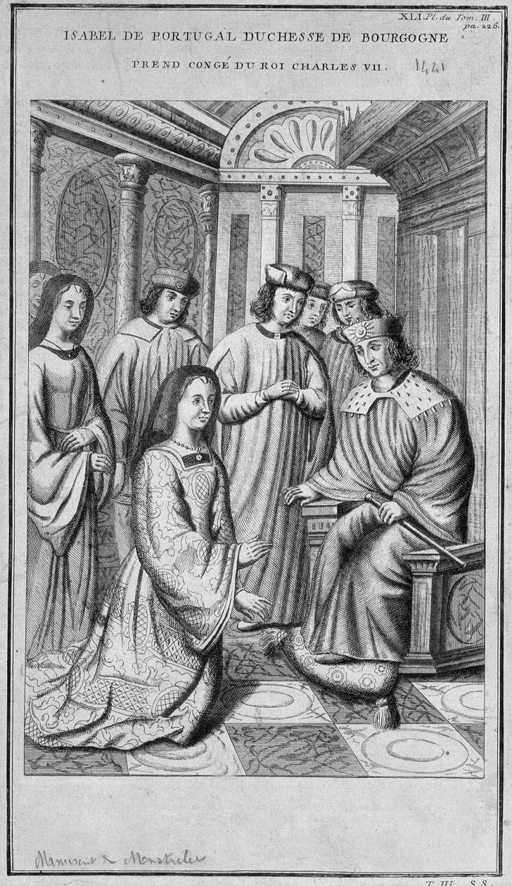 Isabella av Portugal (1397-1472) Hertuginne av Burgund tar konge hardt kong Charles VII. av Unknown artist