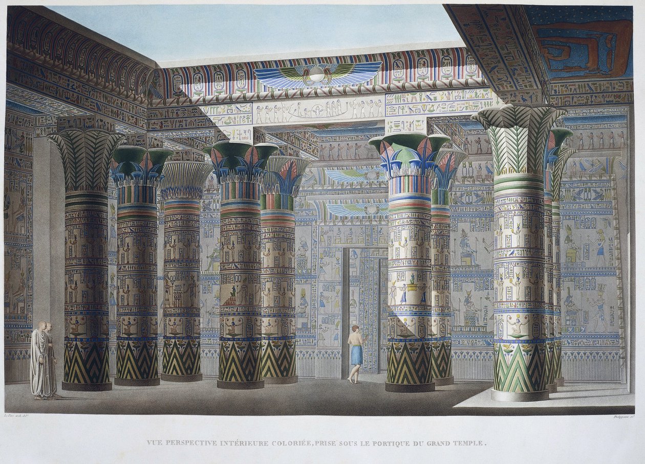 Island of Philae: Fargerik interiørperspektiv, tatt under portikken til Det store tempelet - i "Description of Egypt", Imperial Editions av Unknown artist