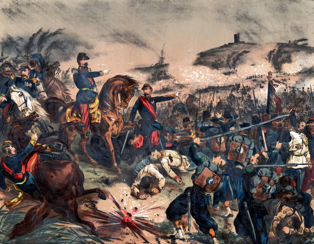 Italiensk kampanje i 1859 eller andre italienske uavhengighetskrig: Napoleon III (1808-1873) i slaget ved Solferino, 24. juni av Unknown artist