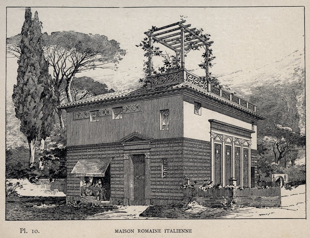 Italiensk romersk hus - gravering av 1889 i "History of human habitation at the Universal Exhibition of 1889, by Mr Charles GARNIER - Librairie centrale des beaux-arts Paris 1889 av Unknown artist