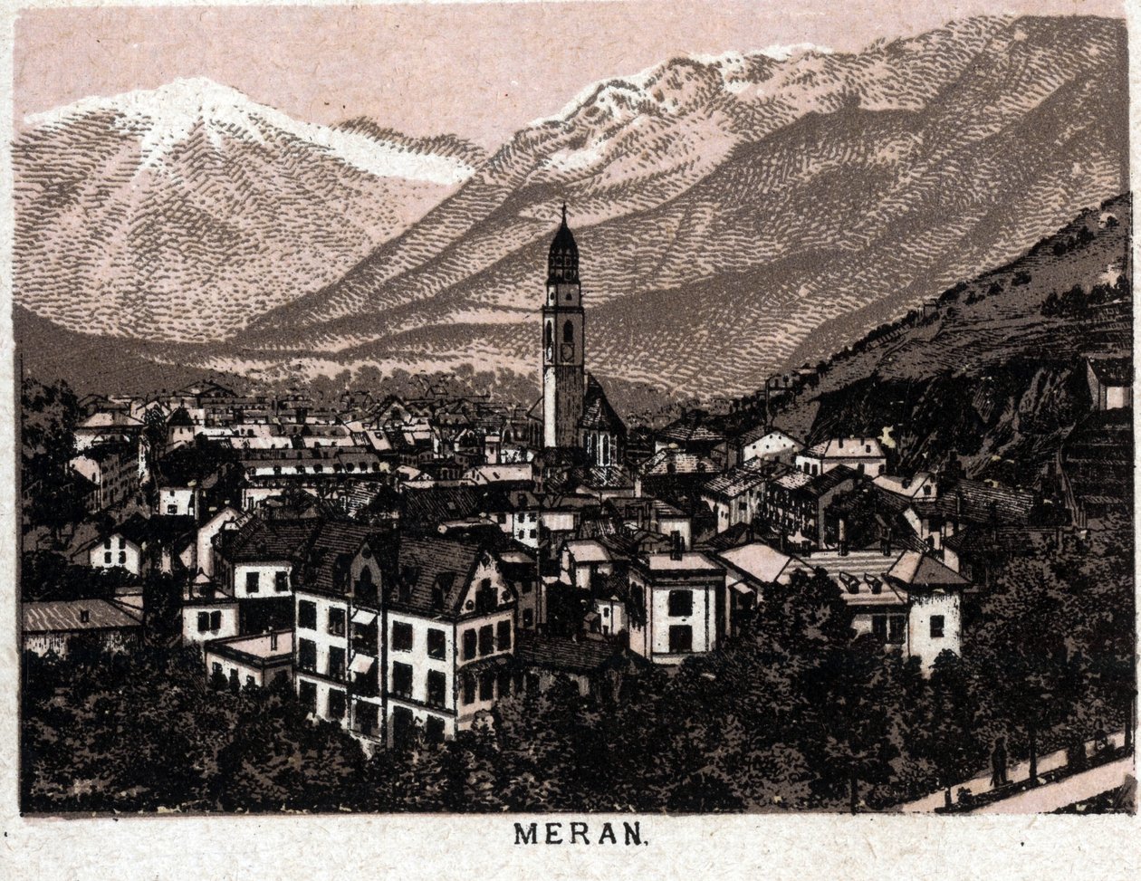 Italian Tyrol: view of the city of Meran (Merano). in “” The world illustrates 168 views”” Undated (end 19th century) av Unknown artist