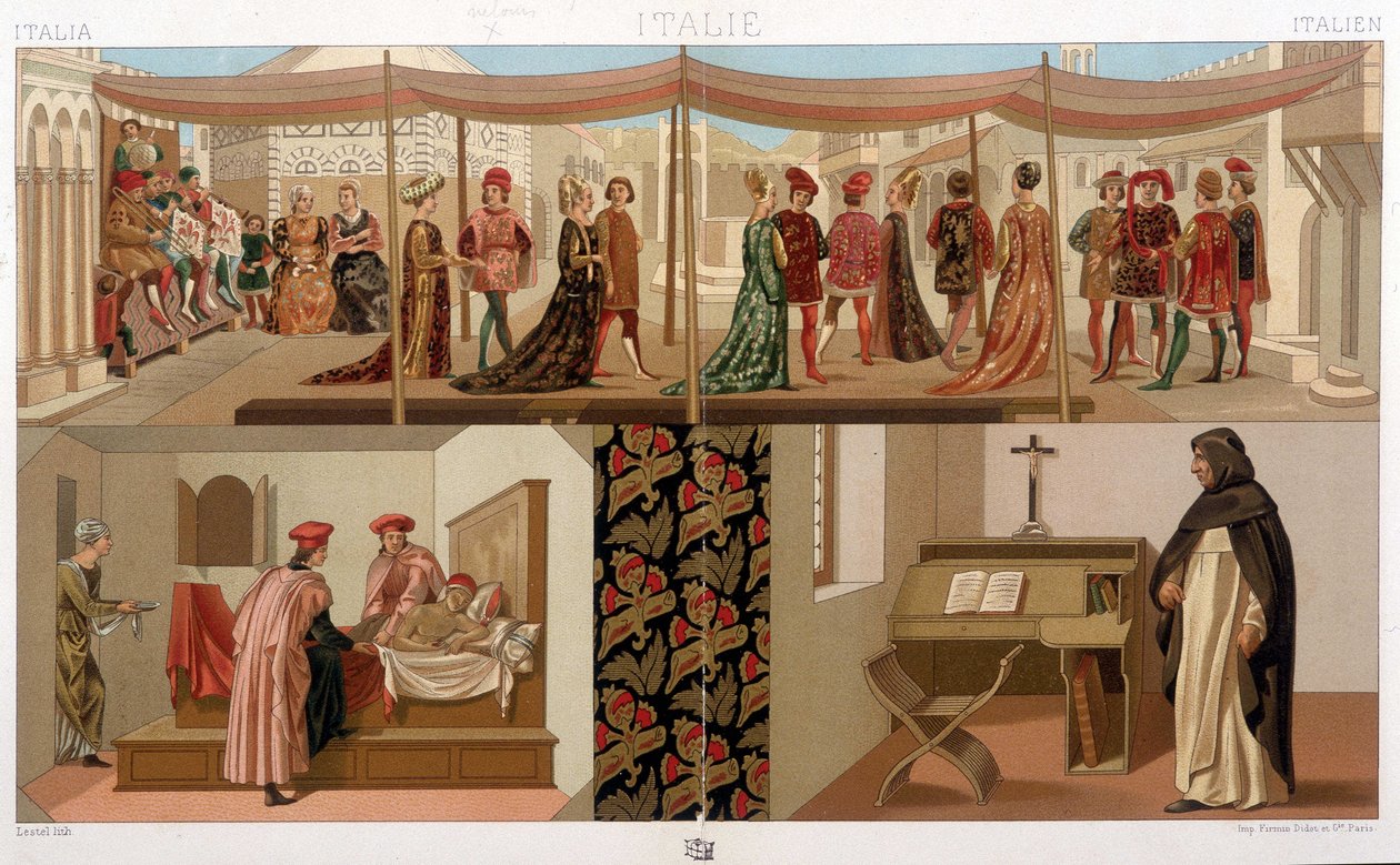 Italienske kostymer fra 1400-tallet. I "" Den historiske drakten"" av A. Racinet av Unknown artist